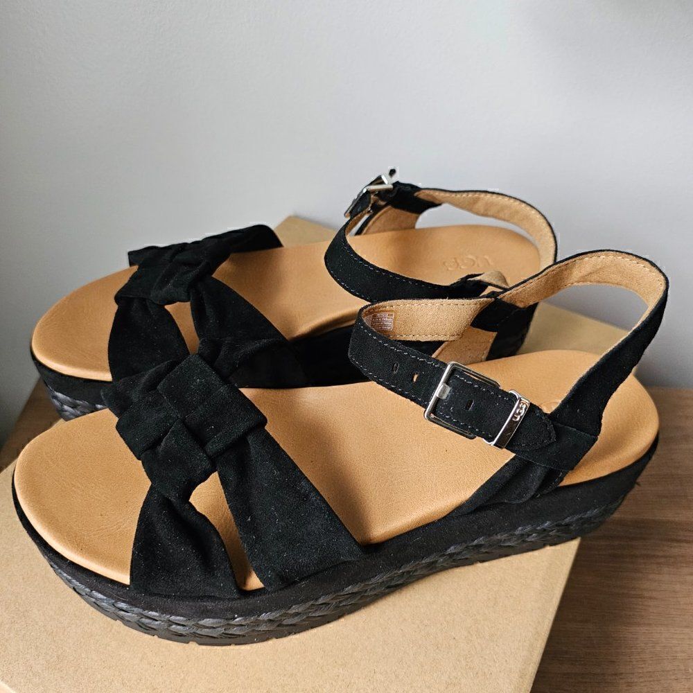 NEW IN BOX UGG NEUSCH BLACK GENUINE LEATHER PLATFORM SANDALS SIZE 9.5 - Picture 2 of 16